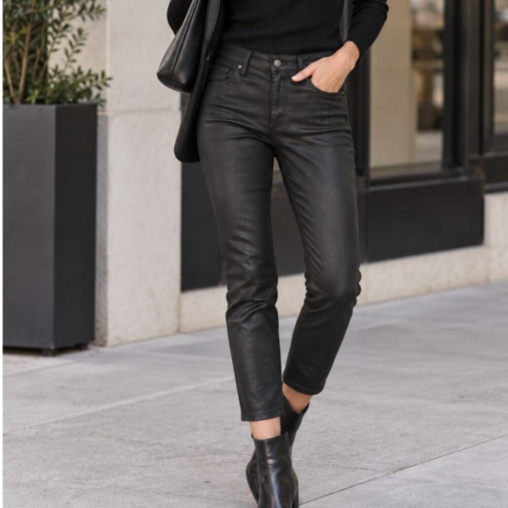 Prana Waxed Denim Jeans Cropped Matte Black Size 4 Organic Cotton Minimalist